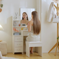 Toeletta da Trucco con Specchio Tavolocon Sgabello 4 Cassetti e 4 Ripiani in Legno e Vetro Bianco