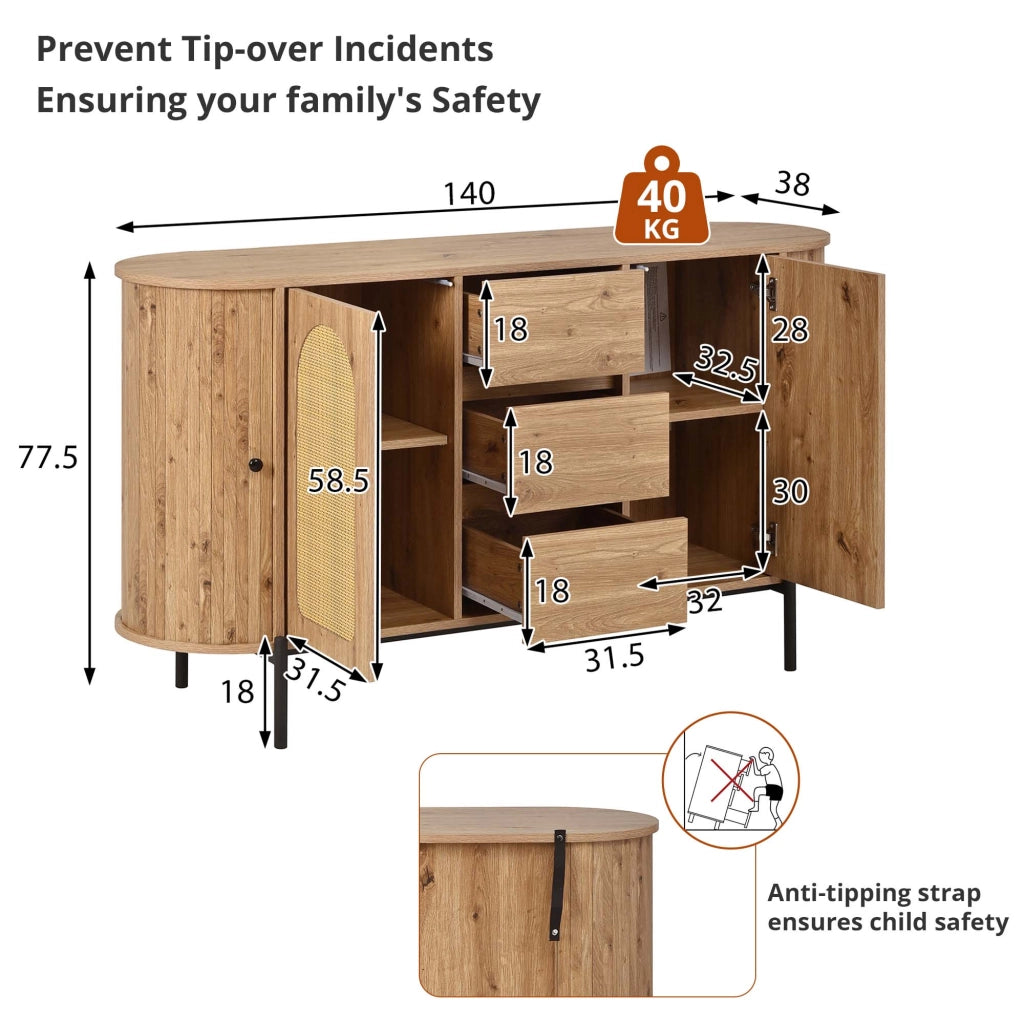 Credenza e madia ovale con ante scorrevoli, 3 cassetti e ripiani regolabili, in MDF e rattan, naturale, 140 × 38 × 77,5 cm