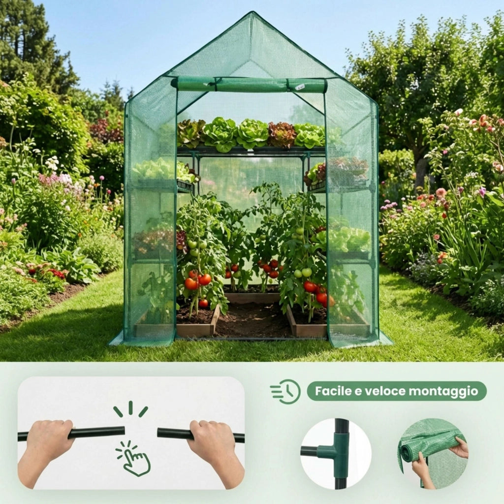 Mini serra da giardino a casetta con struttura in metallo e telo in PE con ripiani 1 porta Verde 143x73x195 cm
