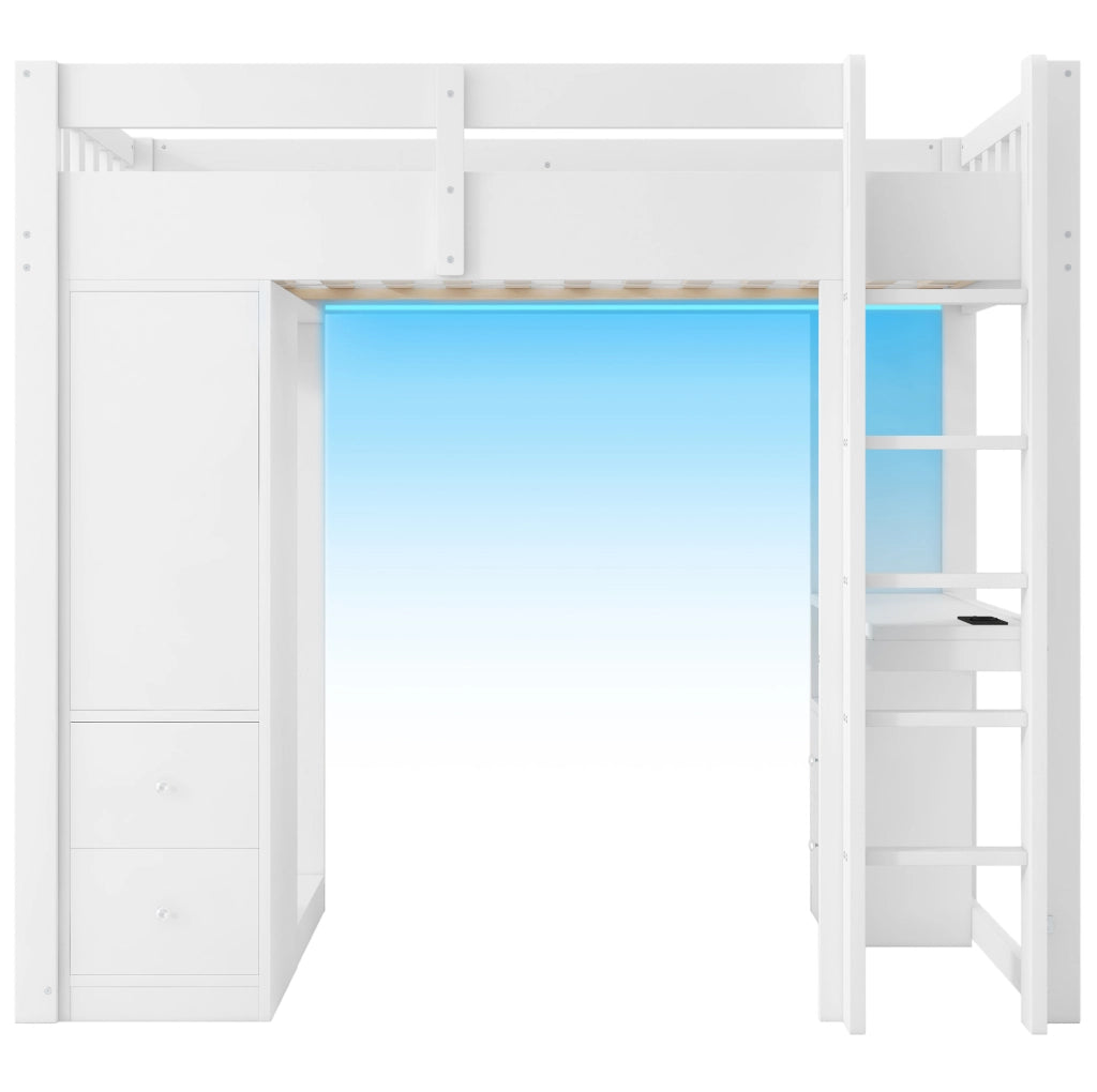 Letto a soppalco 90x200 cm in legno massello e MDF; bianco; con scrivania; LED e cassetti