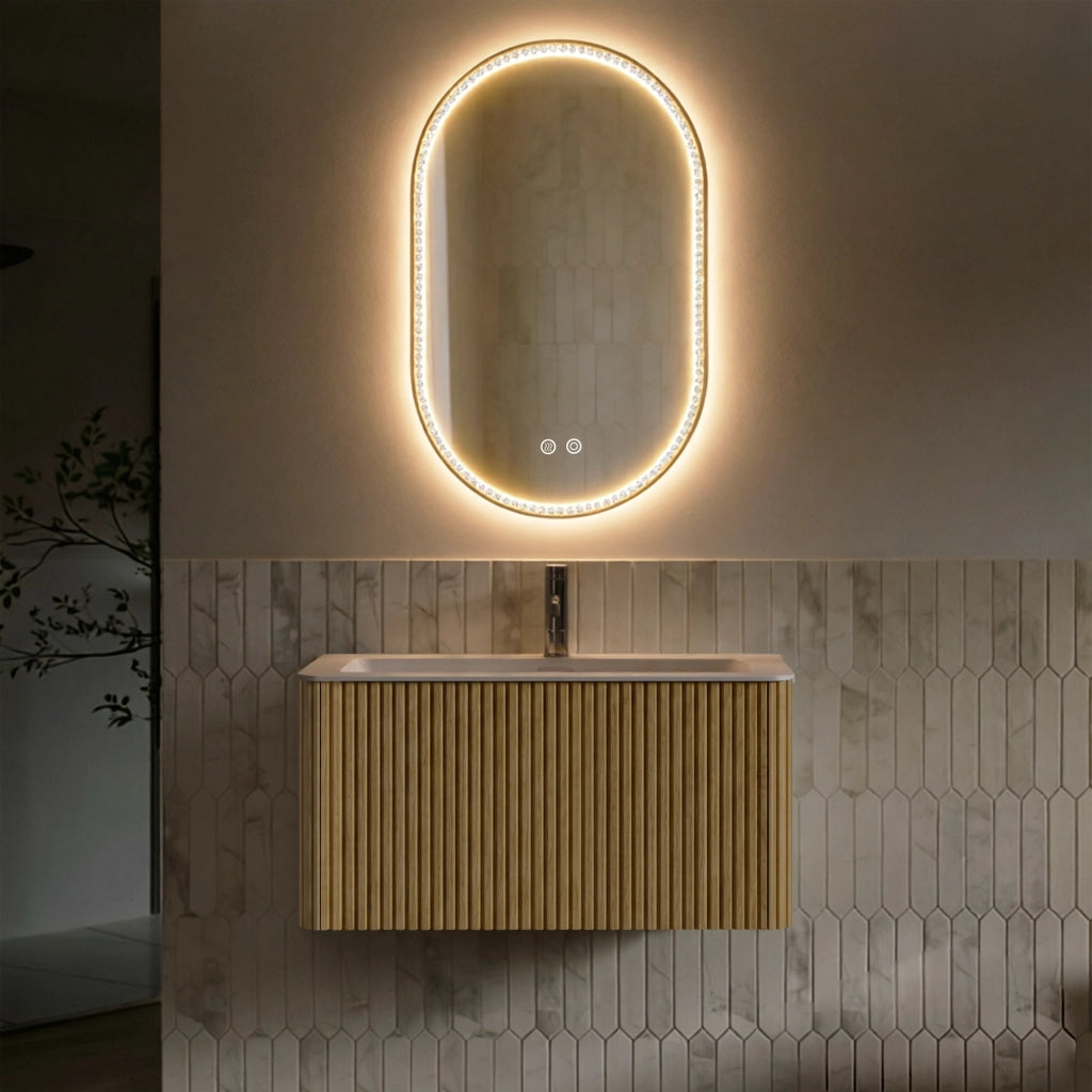 Mobile bagno con specchio con lavabo integrato e LED antiappannamento sospeso per bagno in MDF rovere