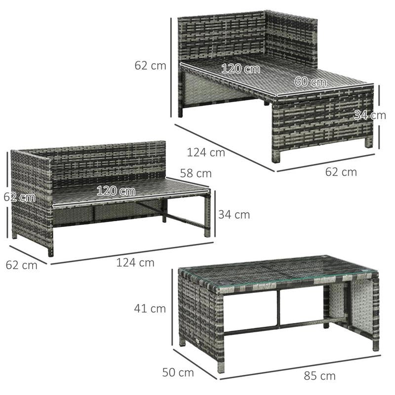 SALOTTO DA GIARDINO CON DIVANETTO CHAISE LONGUE E TAVOLINO IN RATTAN CON CUSCINI GRIGIO