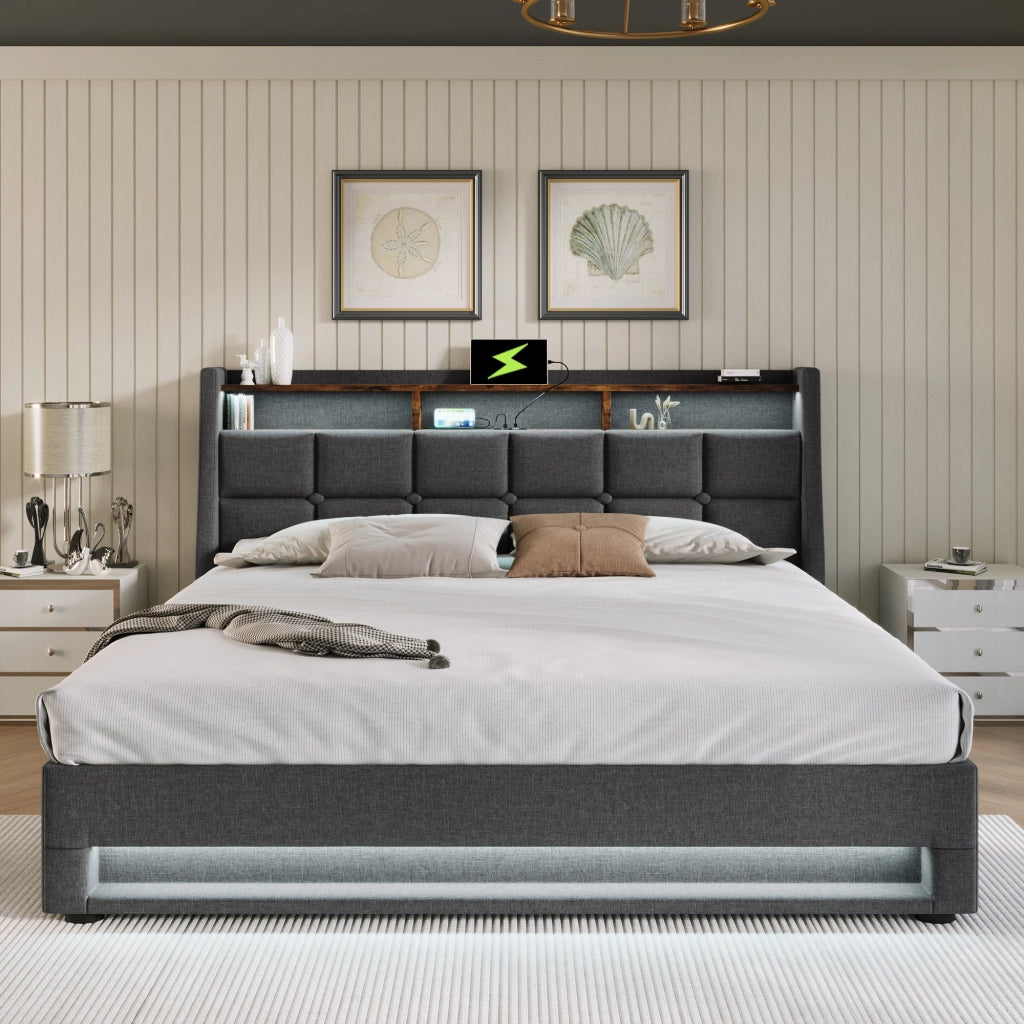 OKWISH Letto Contenitore 160×200 cm, Letto Matrimoniale con LED Regolabile, USB, Mensole e Contenitore, senza Materasso, in Lino, Grigio