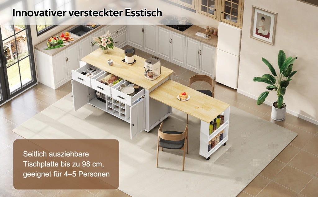 Isola da cucina mobile con piano estraibile, 3 cassetti, portabottiglie e presa USB, 136(223)x50x93 cm, MDF, Natural/White