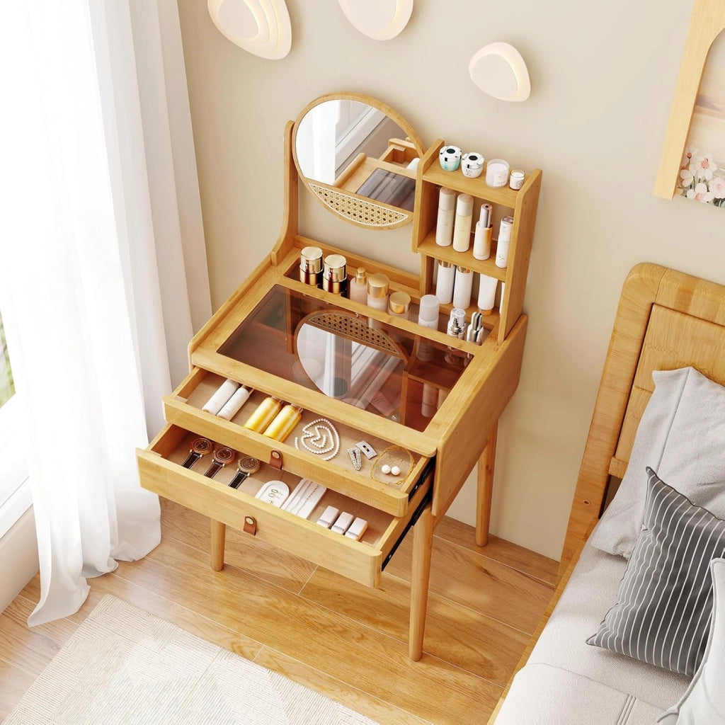 Toeletta da Trucco con Specchio Girevole, Tavolo da Toeletta con 2 Cassetti, Ripiani Aperto, Piano in Vetro, Consolle Trucco in Bambù per Camera da Letto, Soggiorno (1, Senza Sgabello)