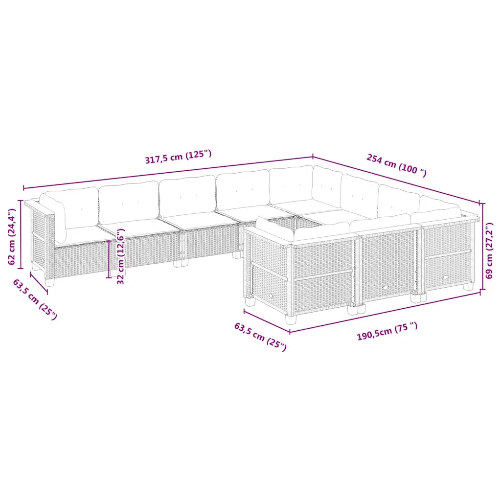 Set Divano da Giardino 10 pz con Cuscini Beige in Polyrattan