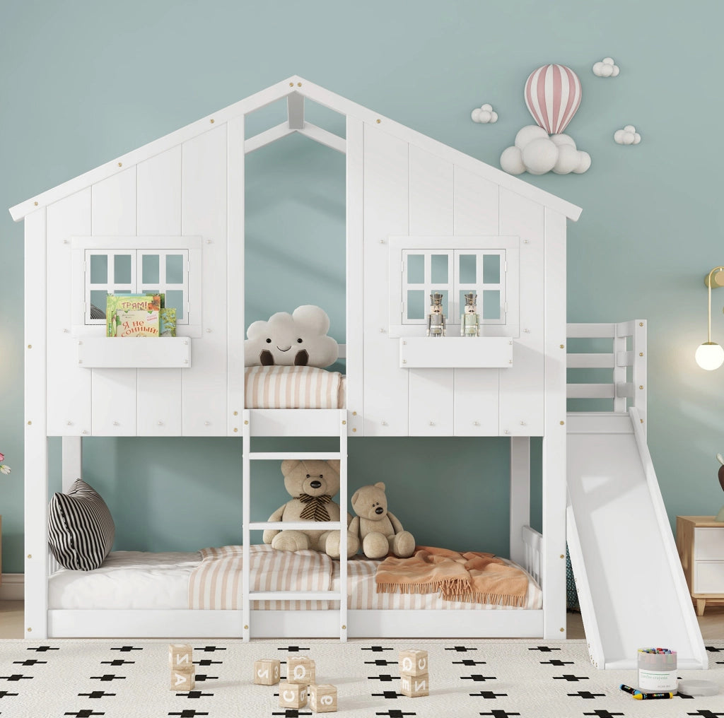 Letto a castello 90x200 cm con scivolo e finestre in legno e MDF bianco