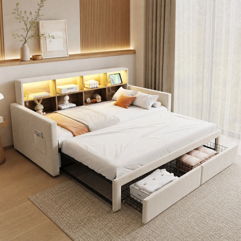 Letto imbottito estraibile 90x190 cm in velluto beige con testiera contenitore, luci LED, prese USB/Type-C, 2 cassetti e rete a doghe