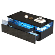 Tavolino da caffè 90x45x35;5 cm; con vassoio e LED; truciolare; vetro temperato e acrilico nero