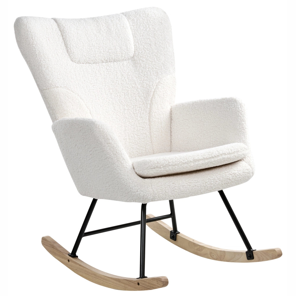 Sedia a dondolo Tessuto bouclé bianco Rivestimento in legno Gambe Pattini Nursery Soggiorno Cottage Scandinavo