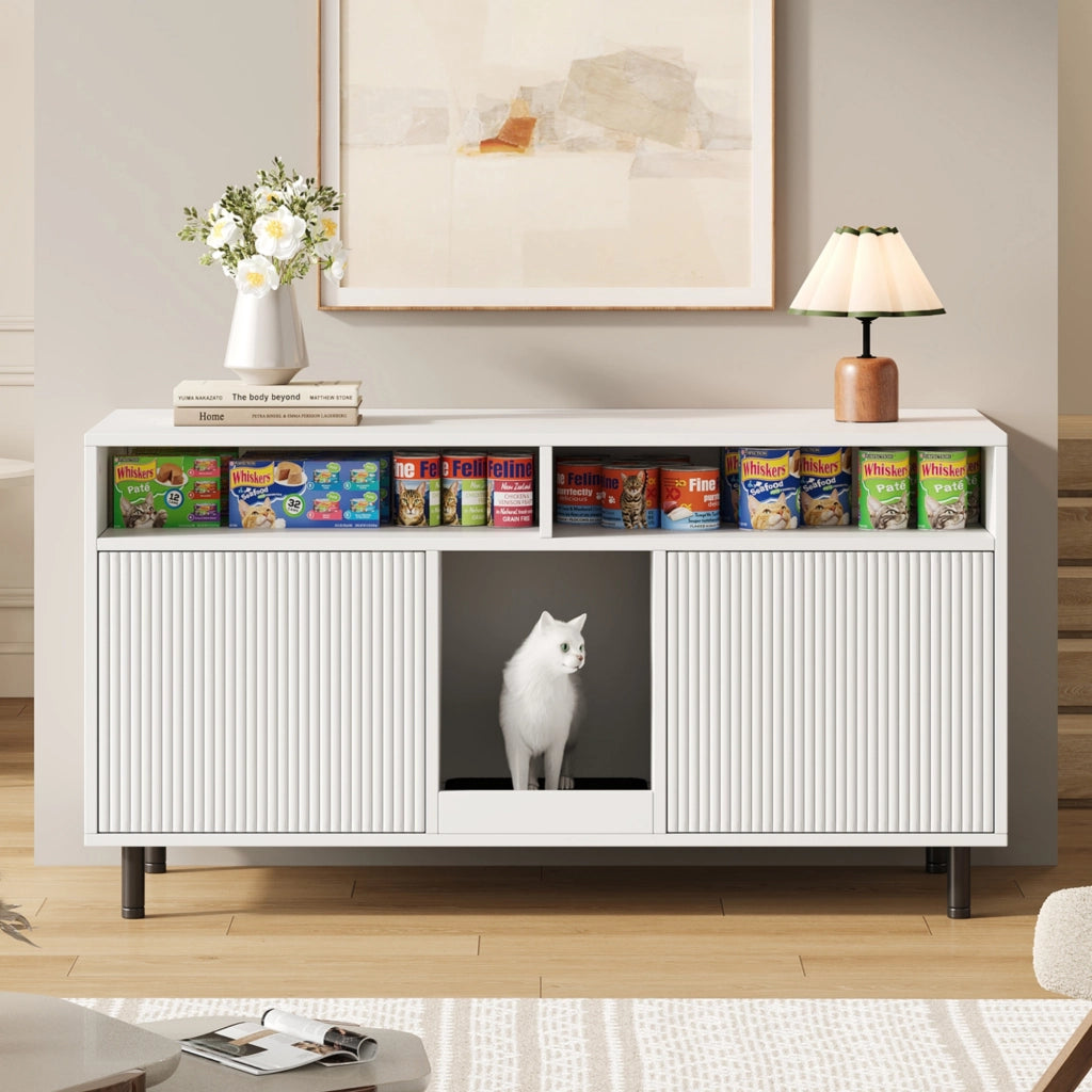 Mobile per lettiera per gatti con 2 ante e ripiani aperti, tappetino raccogli-sabbia, in MDF, bianco, 120 × 50 × 66 cm