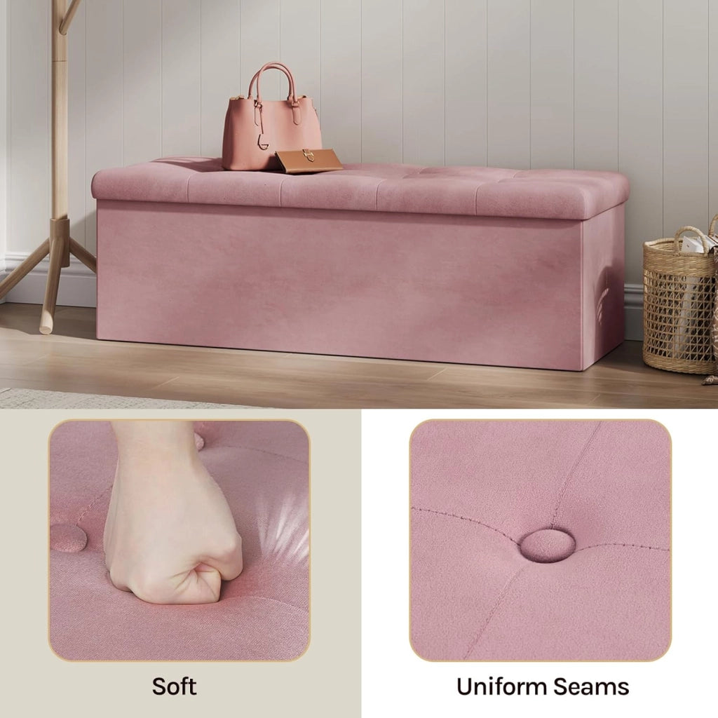 Panche Contenitore per Ingresso Cassapanca Pieghevole Ottomane in Velluto, Max Portata Statica di 300 kg, 118 L, 110x37,5x38 cm, Rosa chiaro