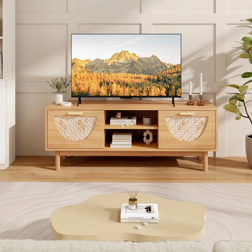 Tavolino TV con ripiani aperti e cassetti intrecciati in bamb¨´-Tavolino per multimedia medio secolo moderno Naturale