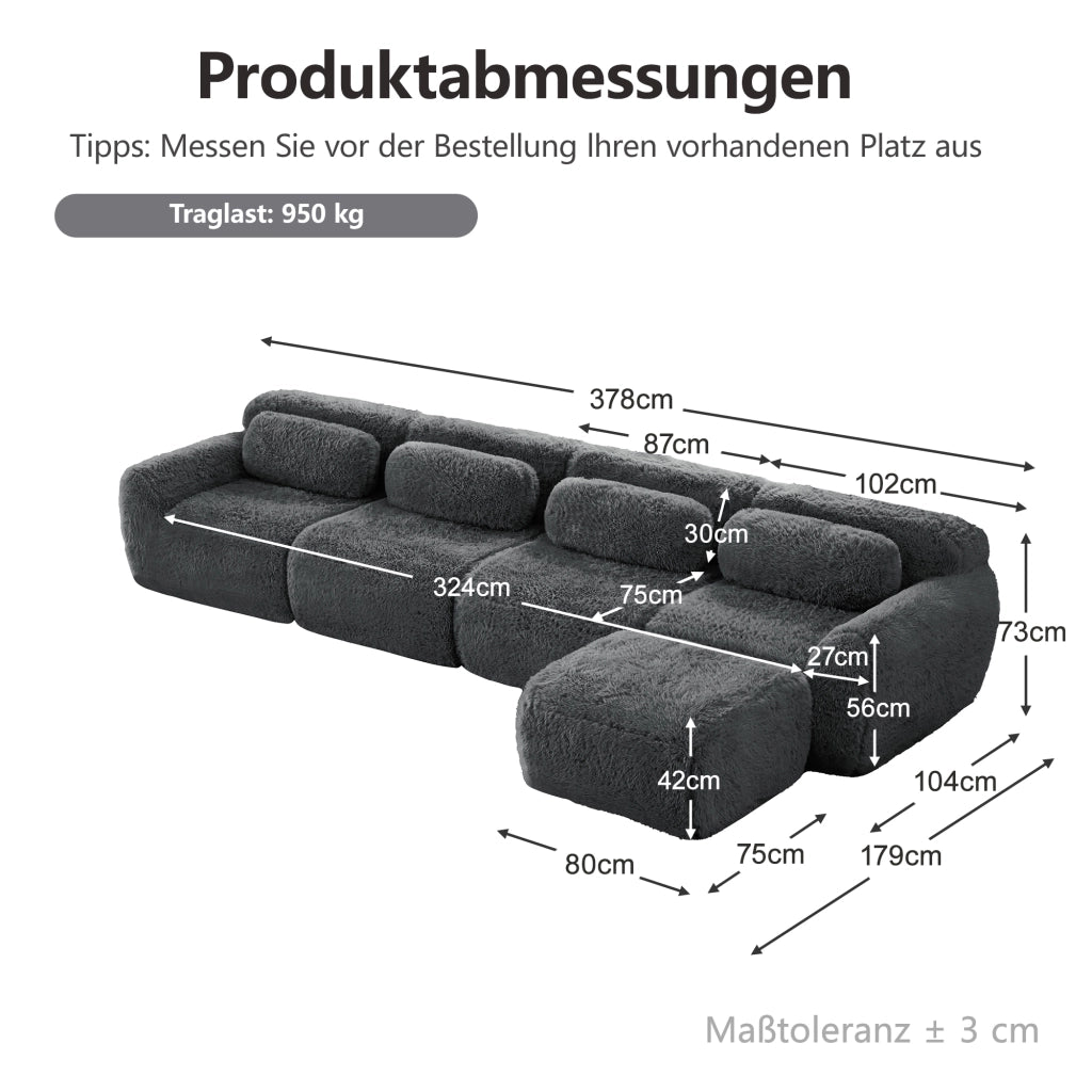 Divano ad Angolo Modulare 4 Posti con Chaise Longue, Senza Montaggio, Seduta Ampia, in Peluche Grigio