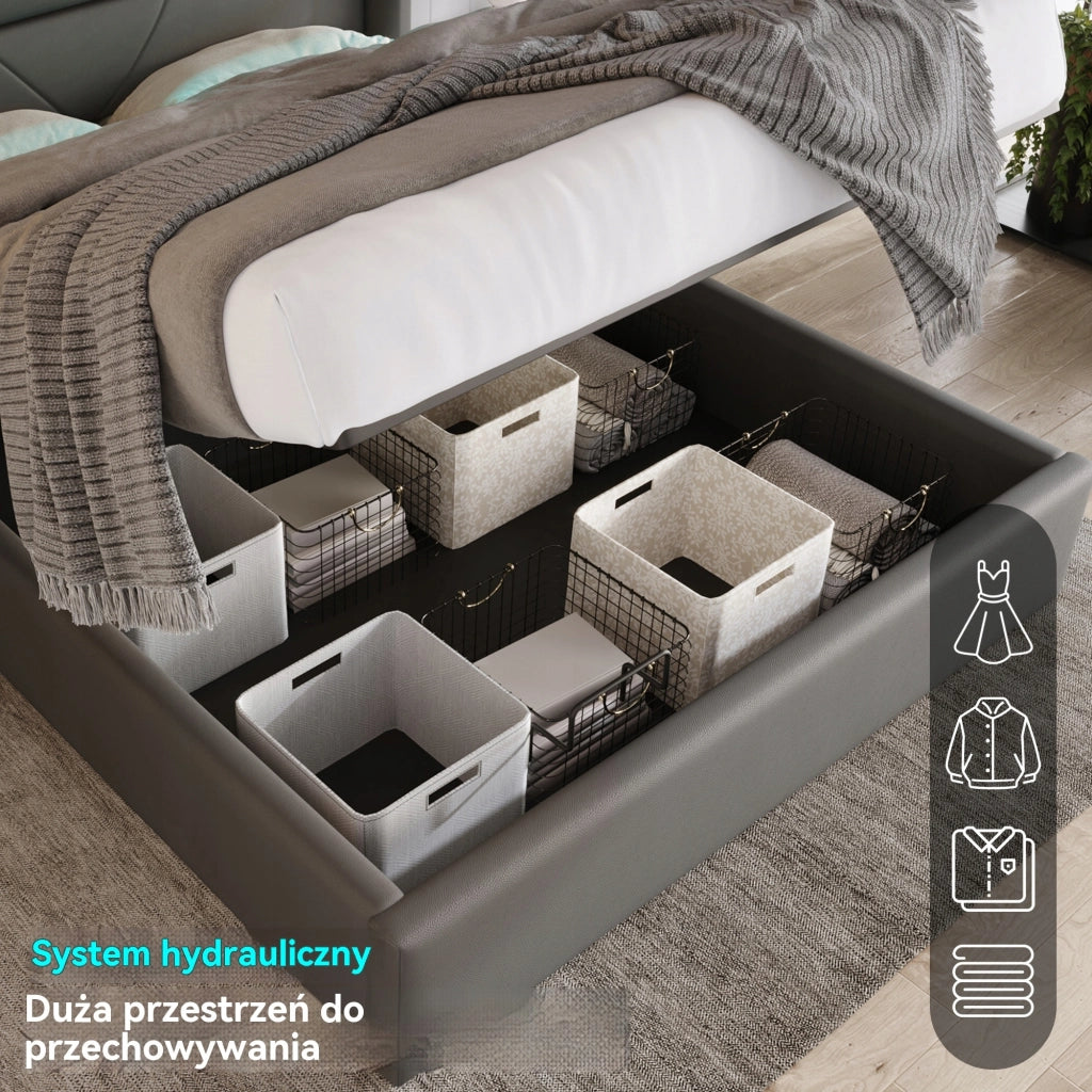 Letto 140x200 LED con testiera comoda - Xylo - Grigio con testiera comoda e sistema di sollevamento idraulico