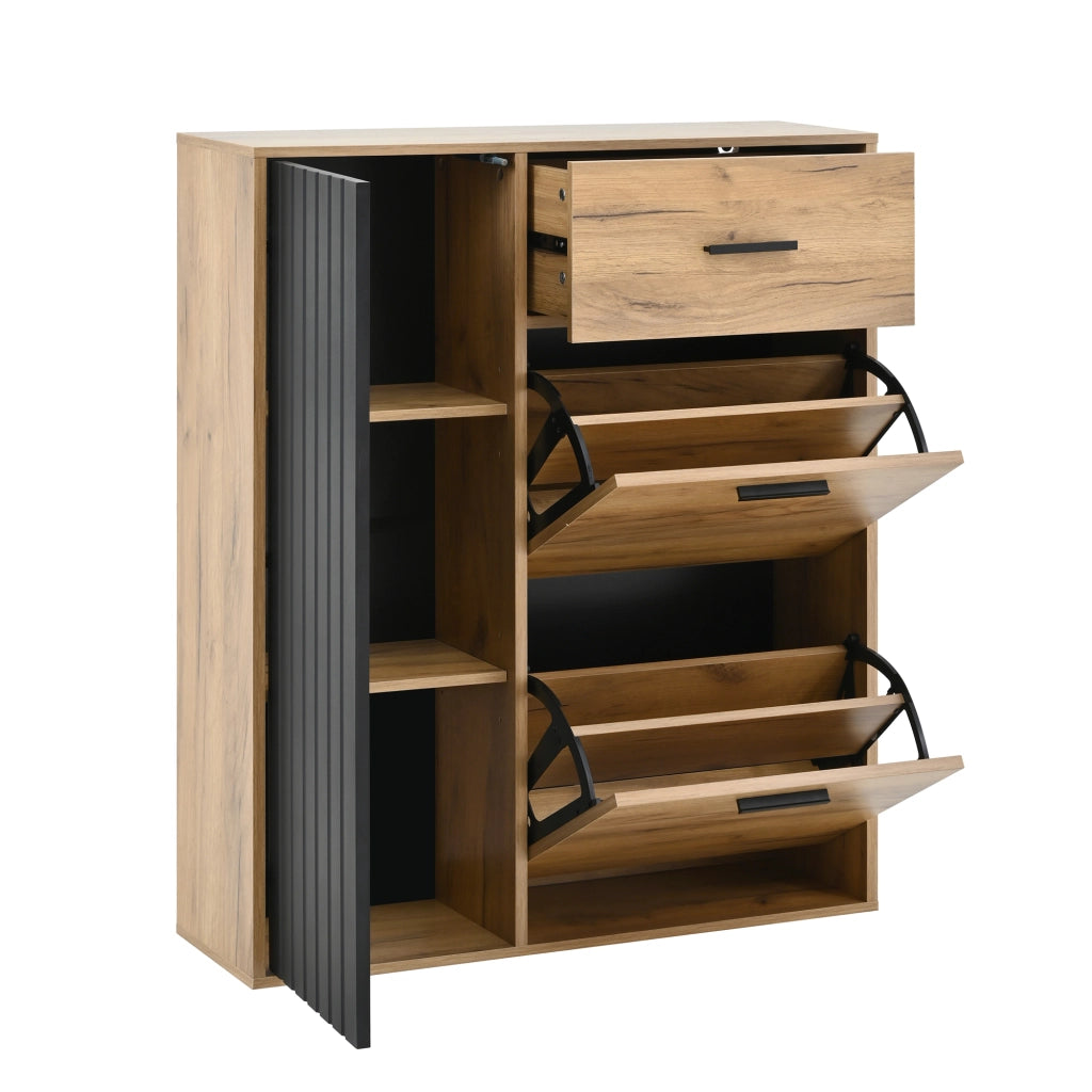Mobile porta scarpe moderno con cassetto, 3 ante e ripiani regolabili, nero e naturale, 80 x 24 x 95,5 cm