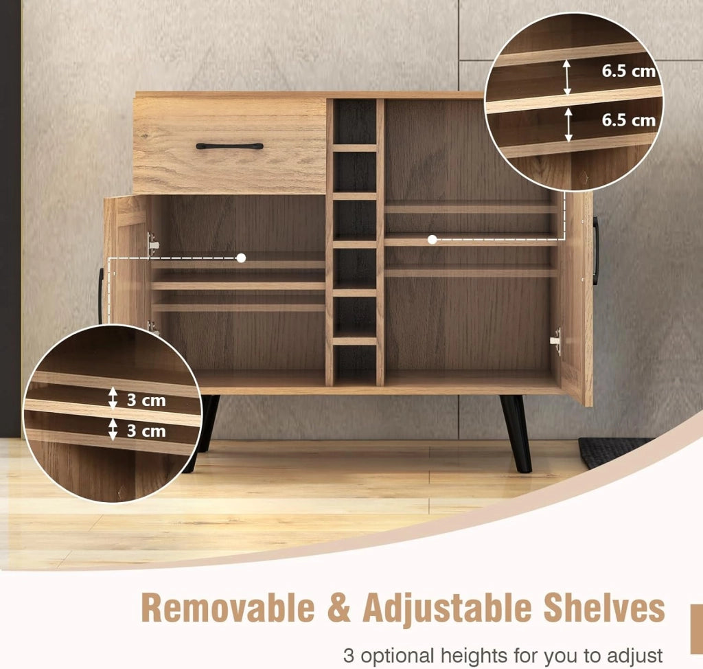 Credenza da Cucina con Porta Vino per 6 Bottiglie, 90 x 40 x 79 cm, Mobile da Bar con 2 Ante e 1 Cassetto, Ripiani Regolabili, per Sala da Pranzo e Soggiorno (Naturale)