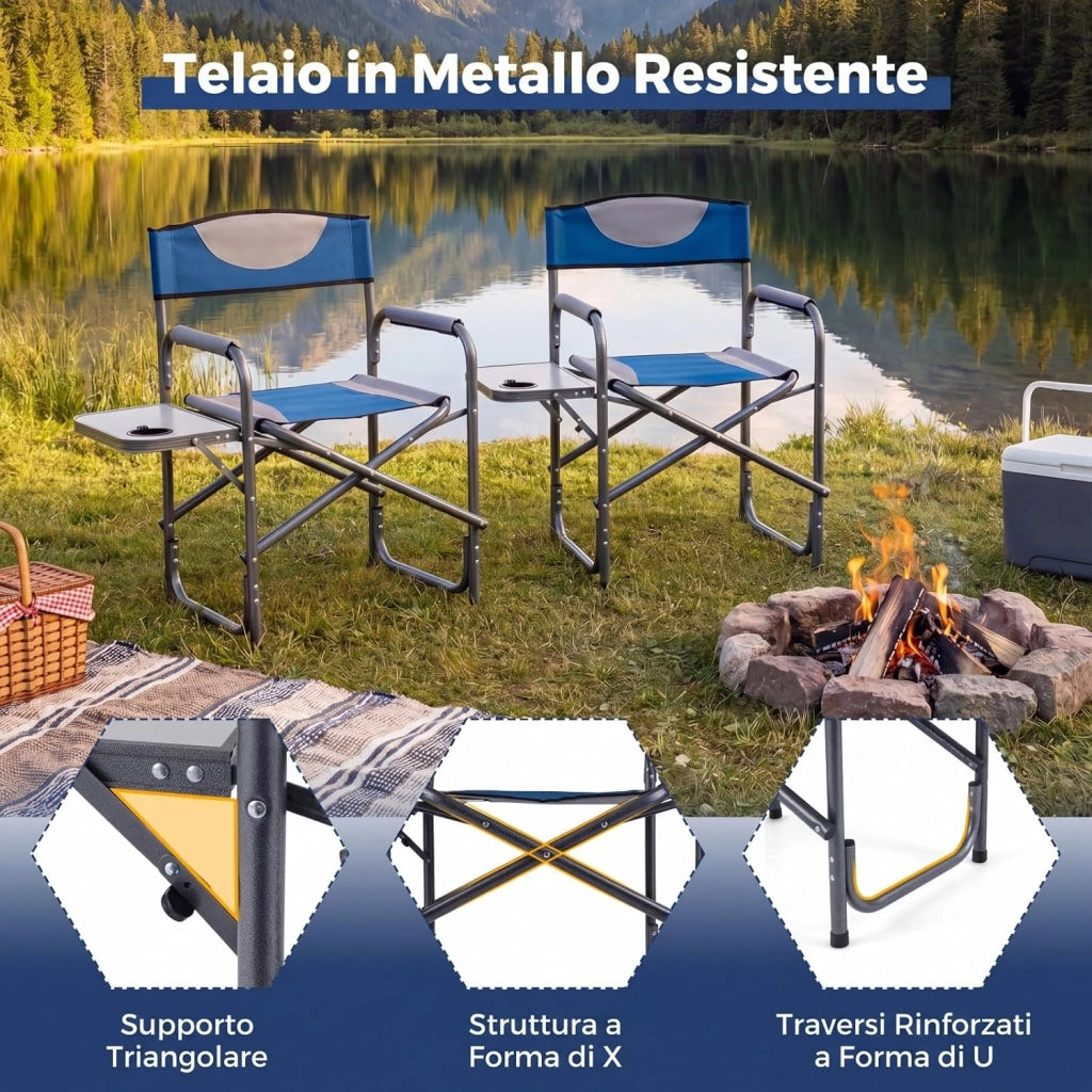 Sedia da Regista Imbottita con Tavolino, Ampio Sedile, Braccioli e Schienale, Sedia da Campeggio Pieghevole con Telaio Metallico per Eventi Sportivi e Pesca, Portata 180 kg (Blu)