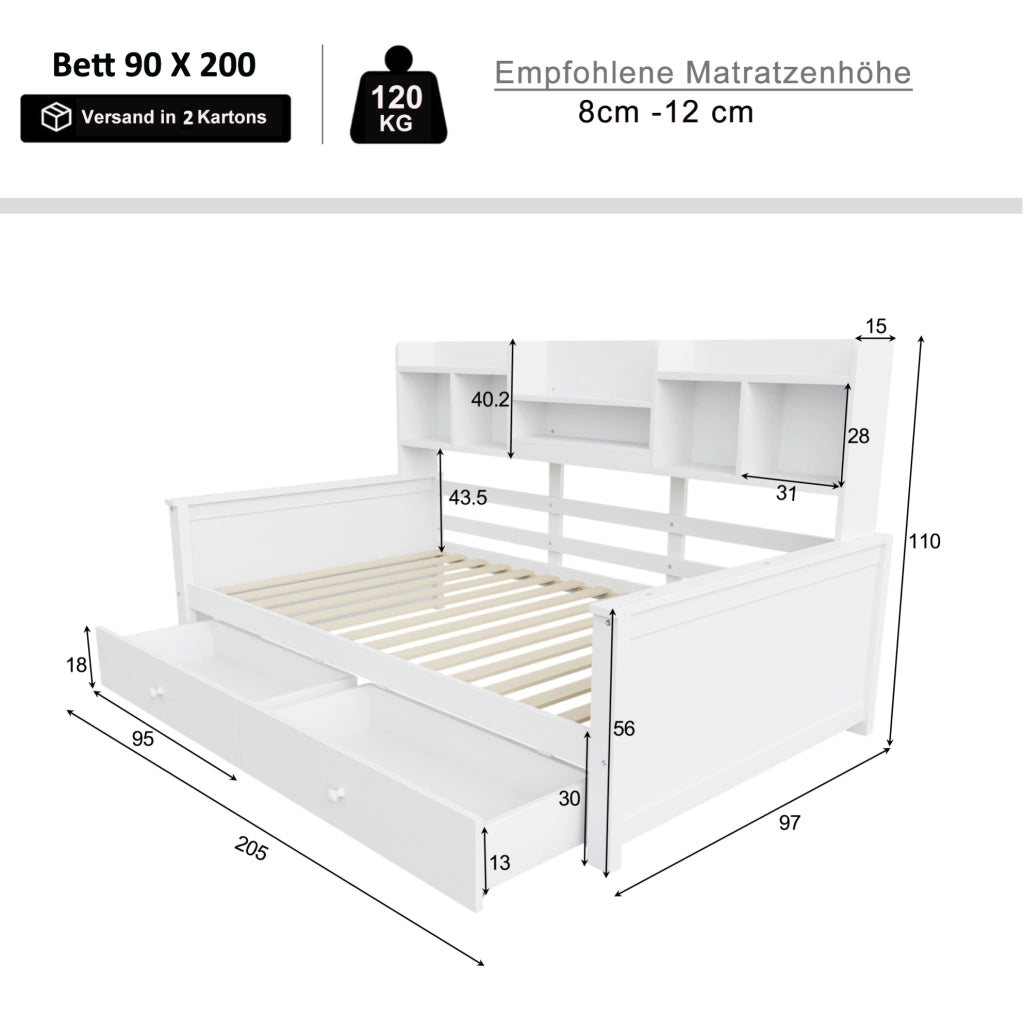 Letto singolo 90x200 cm con cassetti; ripiani laterali e rete a doghe; bianco