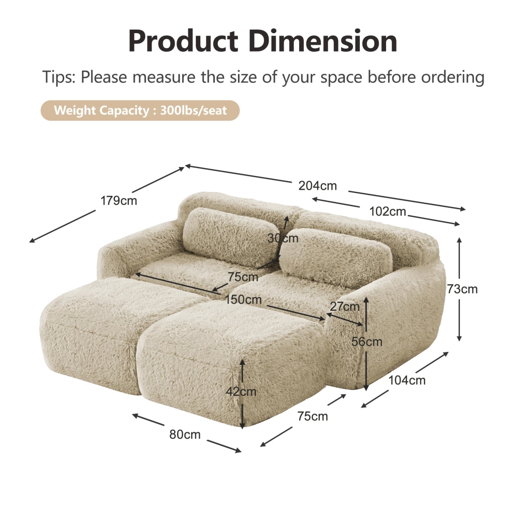 Divano Modulare 2 Posti con 2 Pouf; senza Montaggio; Design Avvolgente; in Peluche; Cachi Chiaro