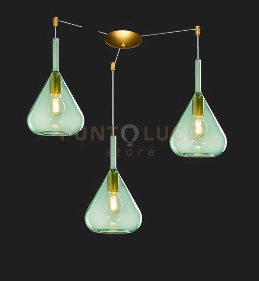 SOSPENSIONE OTTONE SAT. 3 LUCI SPOSTABILE VETRI VERDE 1177OS-S3 S-VE
