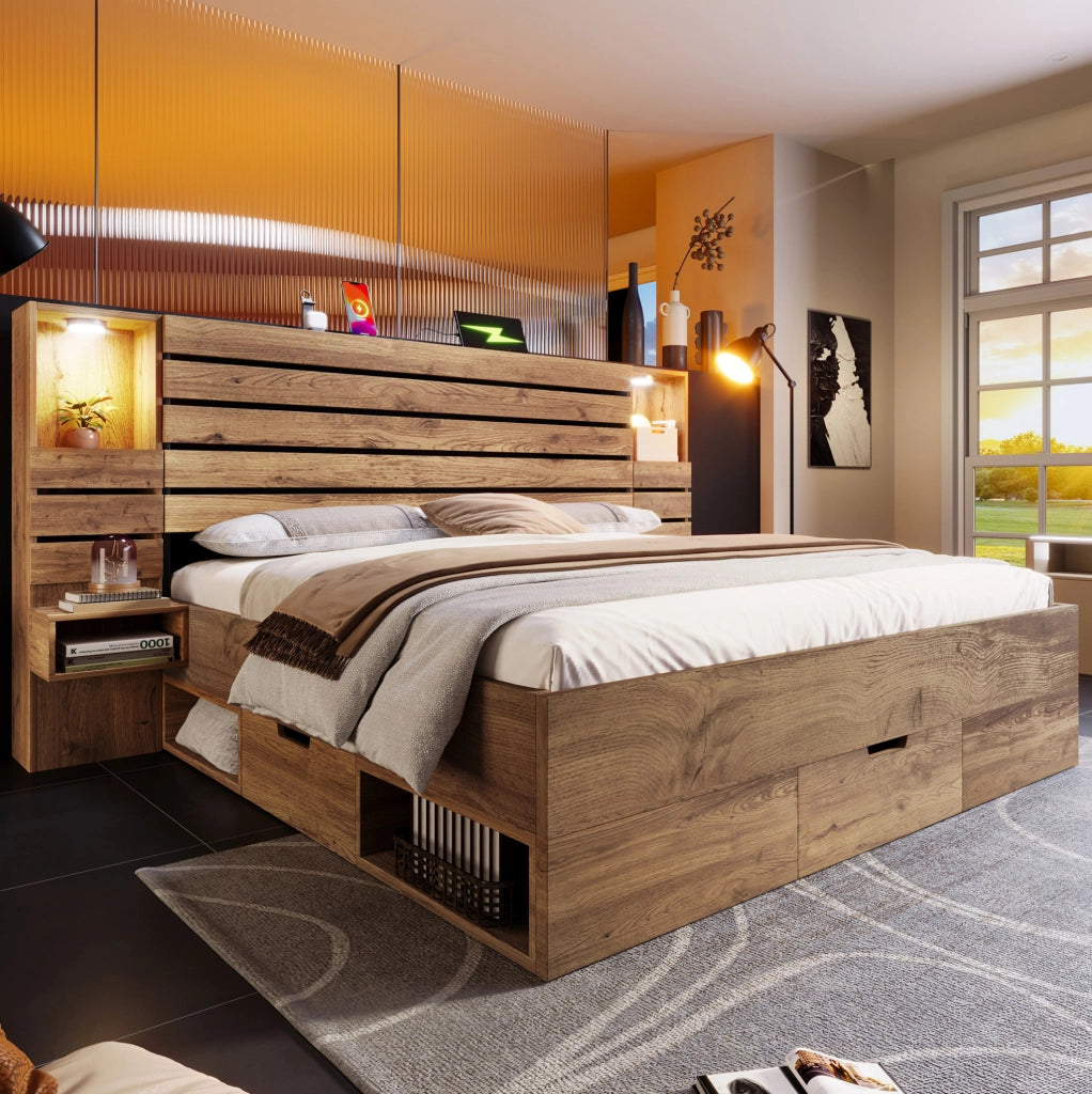 Letto matrimoniale 180x200 cm in MDF e metallo con faretti; USB Type-C; cassetti e comodini sospesi; rovere