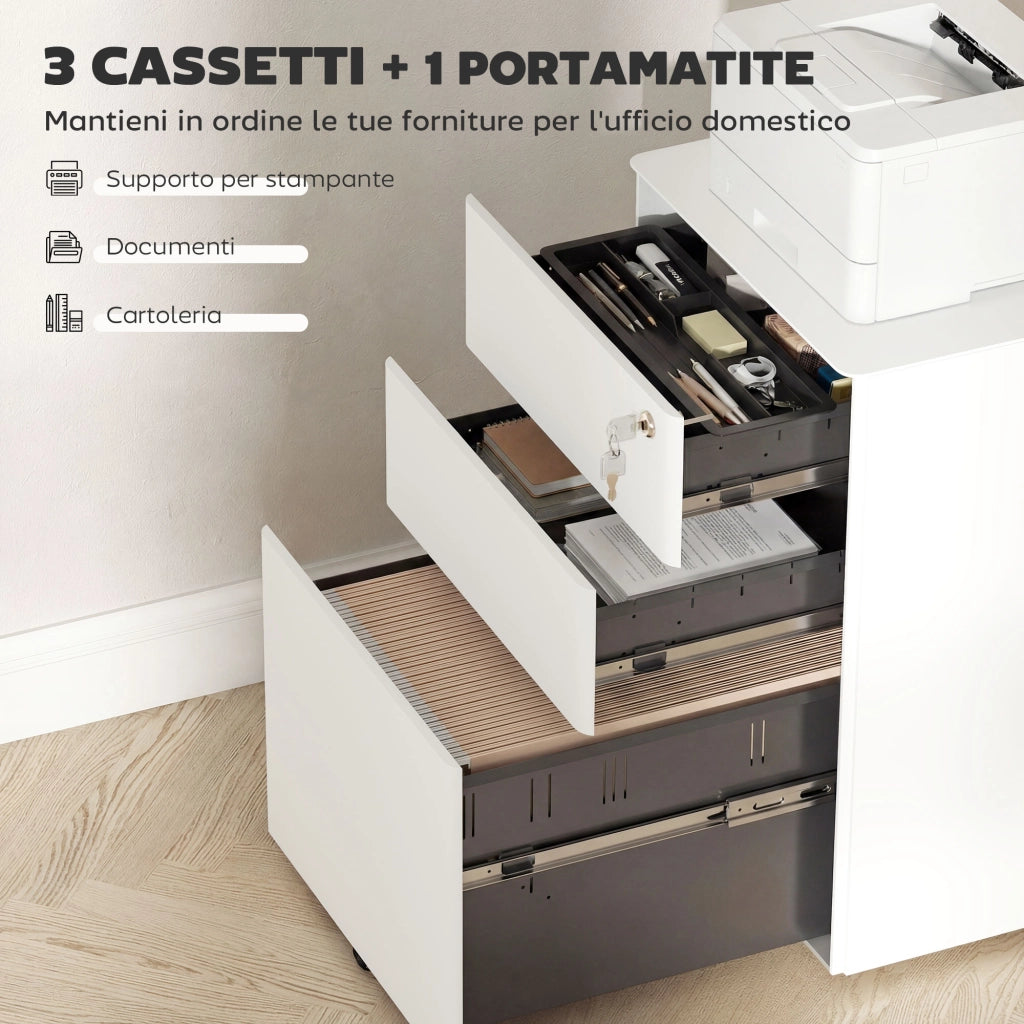 Cassettiera da Ufficio 3 Cassetti in Acciaio con Serratura e Rotelle. 39x48x59cm. Bianco