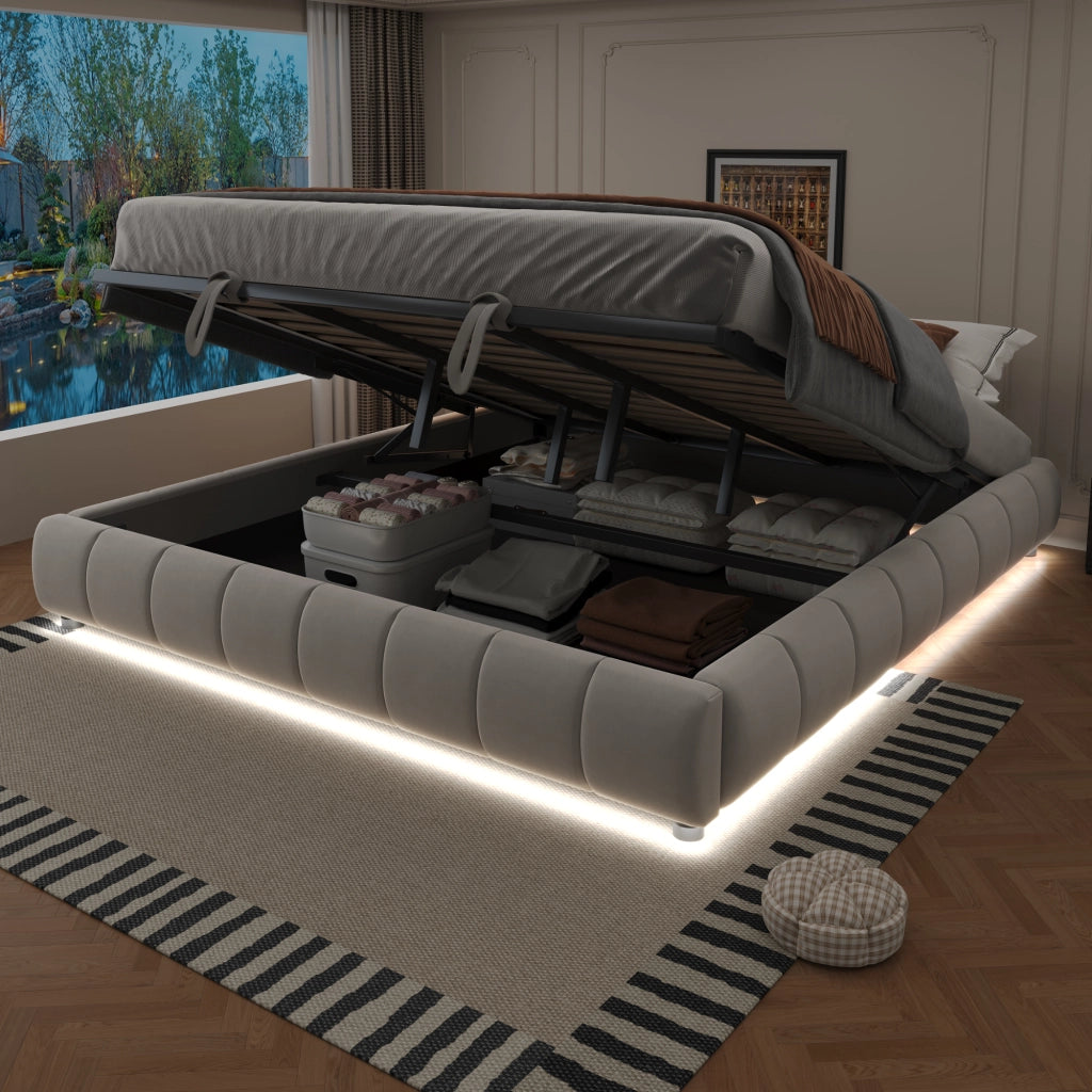OKWISH Letto Contenitore 180×200 cm, Letto Matrimoniale con LED Bianca, Sollevamento Idraulico e Vano Contenitore, senza Materasso, Beige