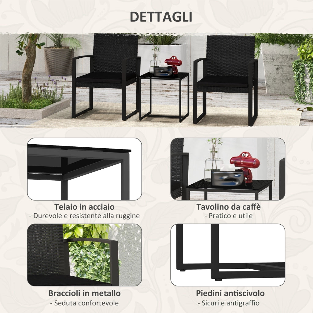 Set da Giardino 3 Pezzi con 2 Sedie e Tavolino ¨C zephmum ¨C Poltroncine con Cuscini, Vetro, Nero