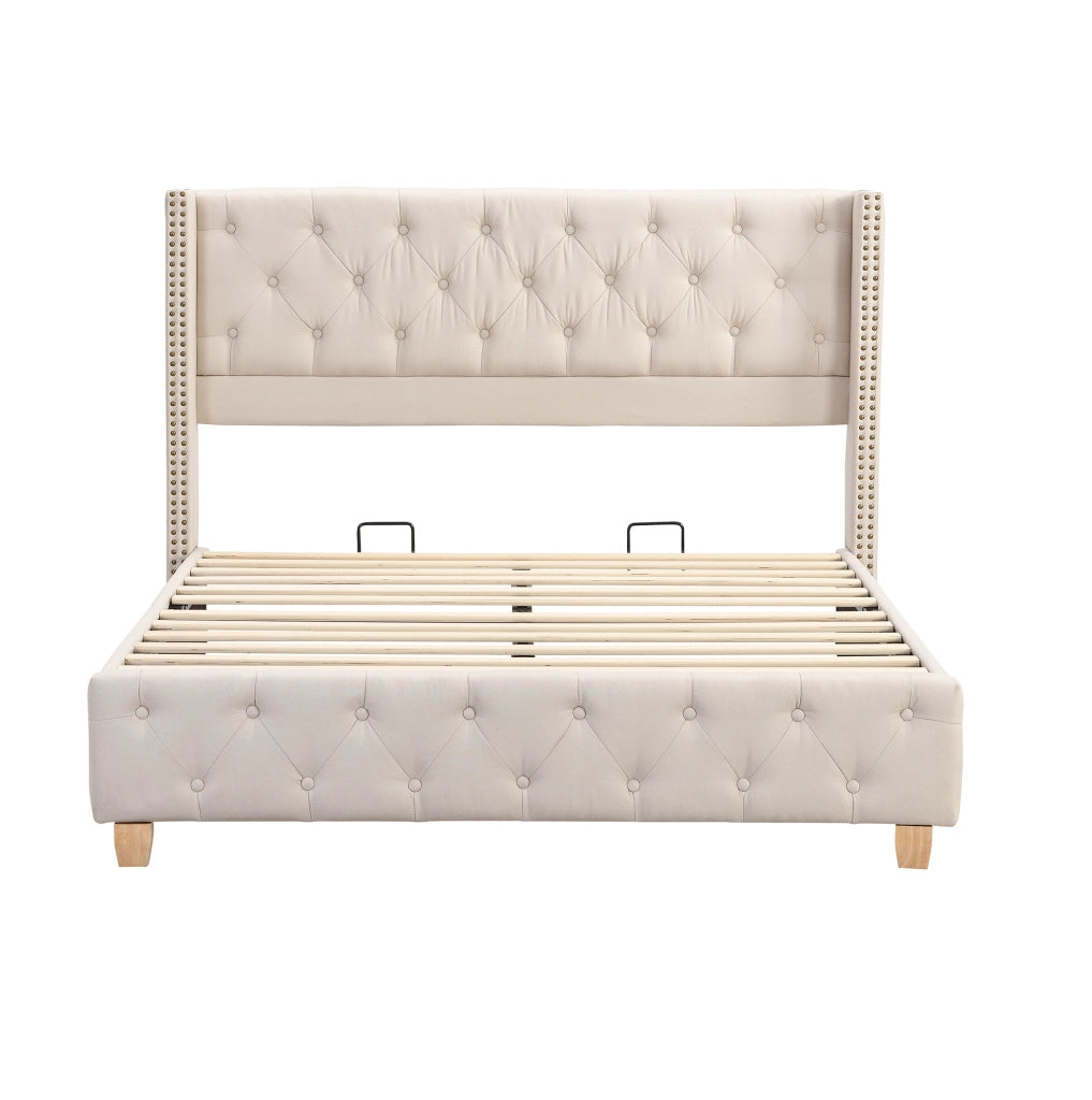 Letto imbottito 160x200 cm; testiera trapuntata con borchie; lino beige (Senza materasso)