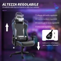 Sedia da Gaming Reclinabile a 150° con Funzione Dondolo, in Tessuto Effetto Lino, 66x53x128-138 cm, Grigio