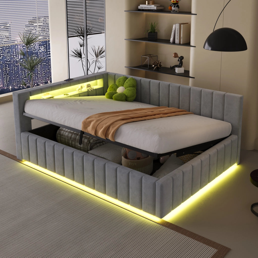 Letto imbottito 140x200 cm con contenitore idraulico, LED, USB, testiera e schienale in velluto grigio