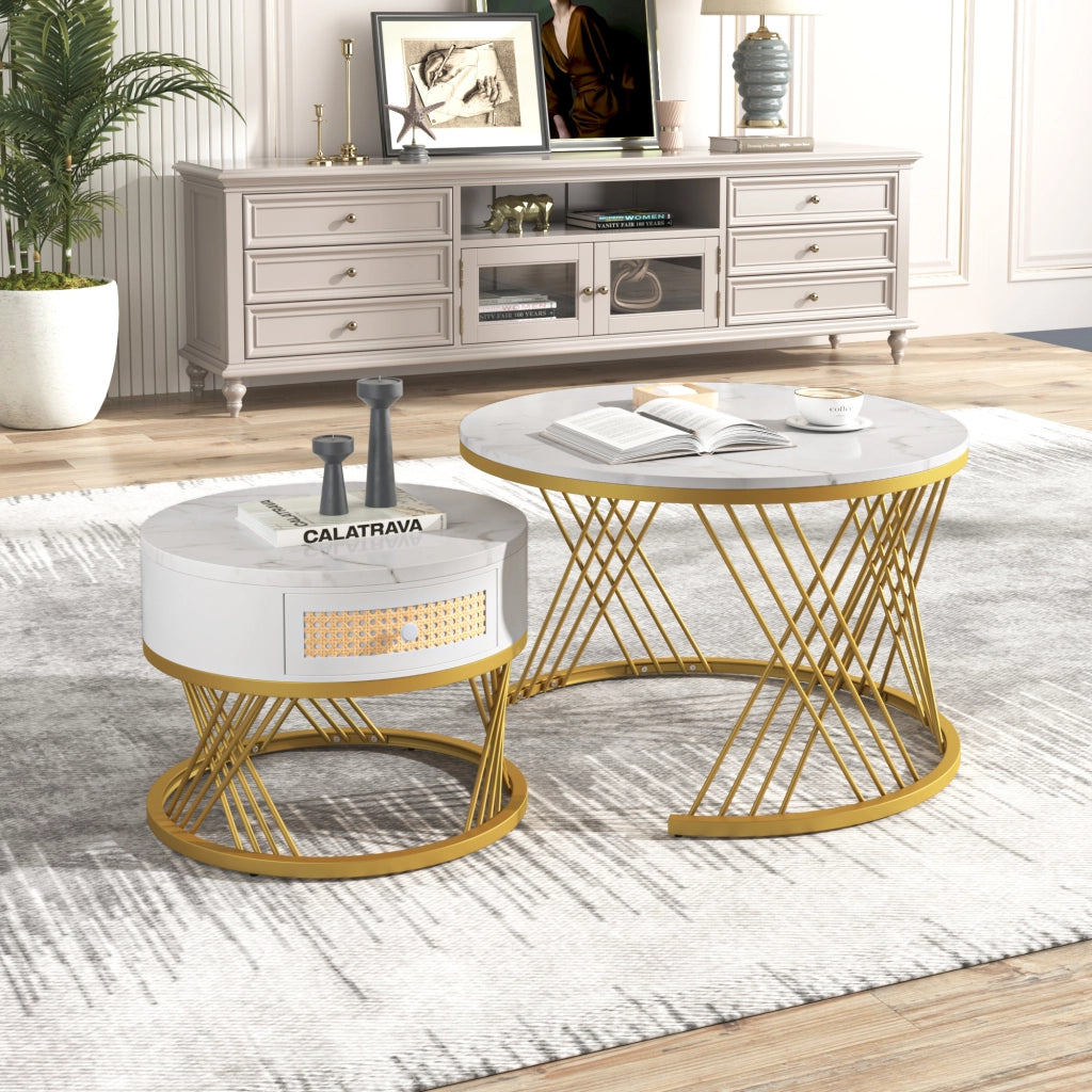 Tavolini da Caffè Impilabili Rotondi con 1 Cassetto; Piano Effetto Marmo; Stile Moderno; in MDF; Bianco; 70×70×45;5 cm