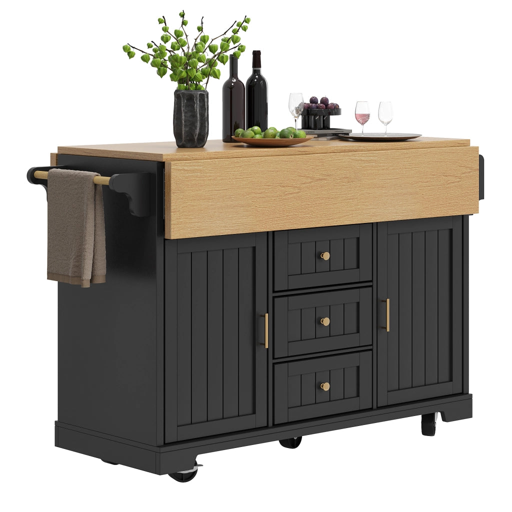 Carrello da Cucina con 2 Ante e 3 Cassetti; Piano Pieghevole; in MDF e Metallo; 120x40x95 cm; Nero