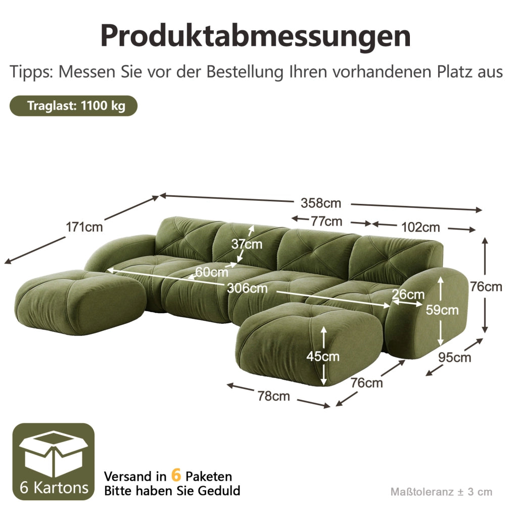 Divano modulare senza braccioli in chenille verde; 358x171x76 cm; con schiuma 32D