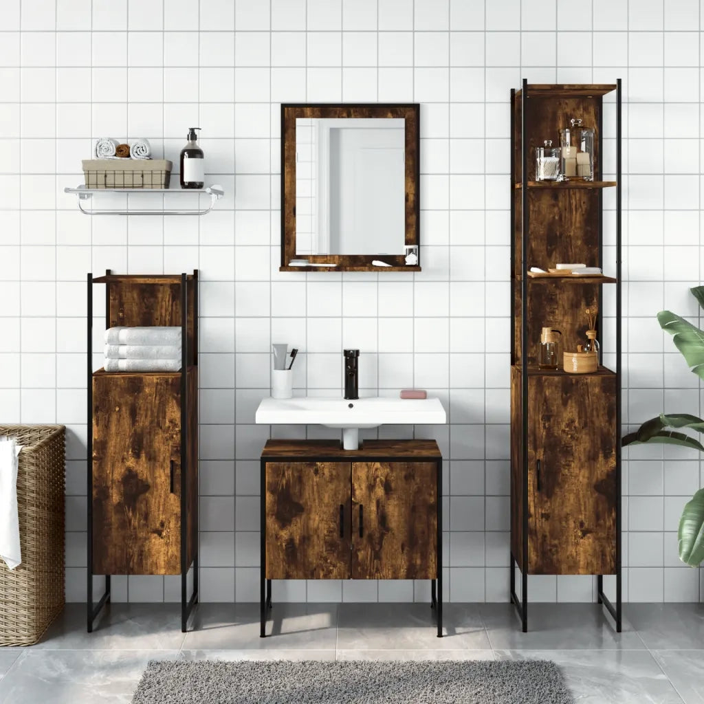 Set Mobili da Bagno | Armadio da bagno 4 pz Rovere Fumo in Legno Multistrato