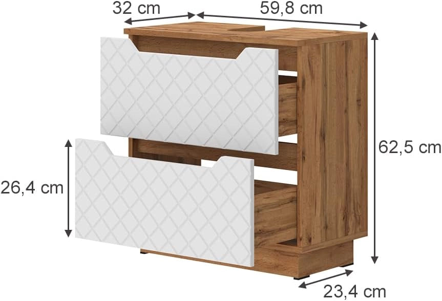 Mobile sottolavabo per bagno Lotta, Bianco, 59.8 x 62.5 cm con 2 cassetti, adatto per il montaggio sotto lavabi standard