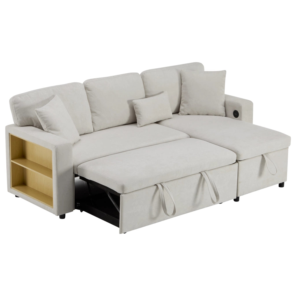 Divano angolare convertibile 4 posti con chaise longue reversibile, USB, vano contenitore e cuscini in flanella beige