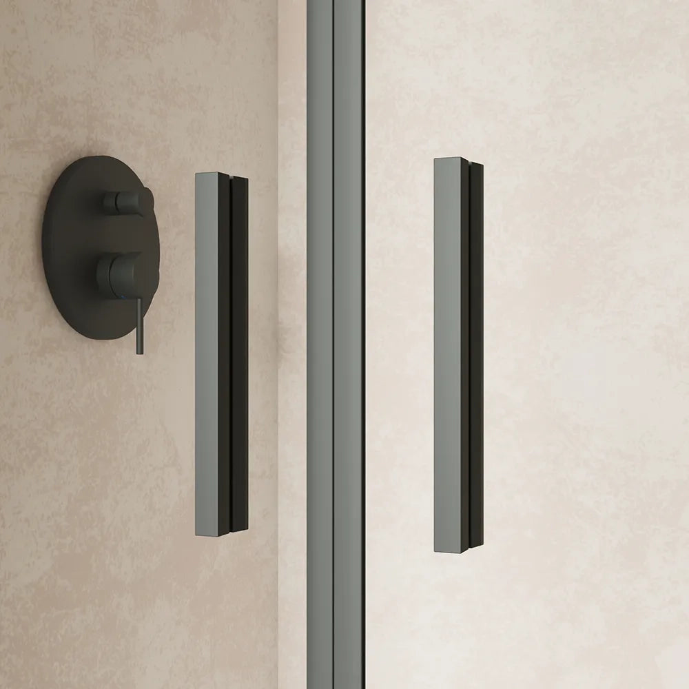 Box doccia slim 90x100cm con apertura saloon e parete fissa profili nero opaco e vetro 6mm trasparente h190| Portofino