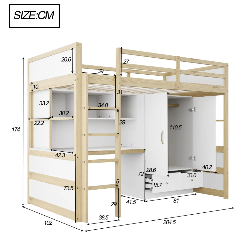 Letto a soppalco 90x200 cm in legno con scrivania, armadio e cassetti