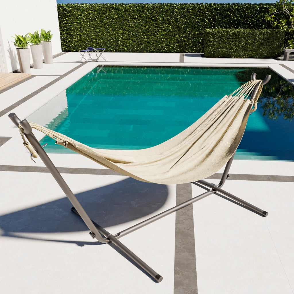 Amaca Brasiliana Con Supporto In Acciaio Altezza Regolabile Telo Cotone Da Esterno Per Giardino Balcone Piscina 100 x 110 x 265 Cm Nero E Beige