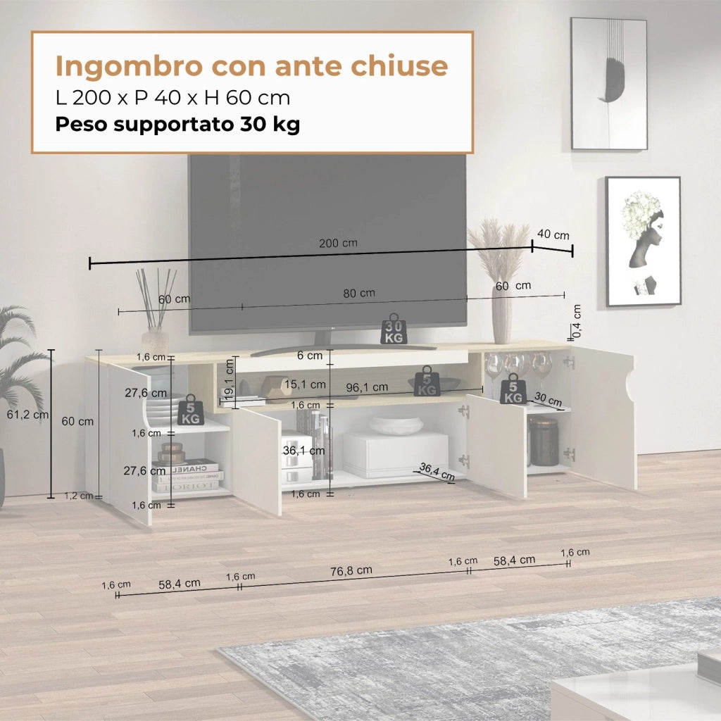 WHOUS Mobile porta TV Real con 4 ante e 1 vano aperto cashmere e rovere chiaro 200x40x60 cm