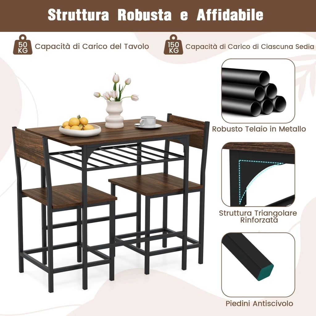 Set da Pranzo per 2 Persone, Set da 3 Pezzi di Tavolo Rettangolare in Legno e Sedie con Struttura in Metallo e Ripiano di Stoccaggio, per Angolo Colazione e Sala da Pranzo (Marrone)