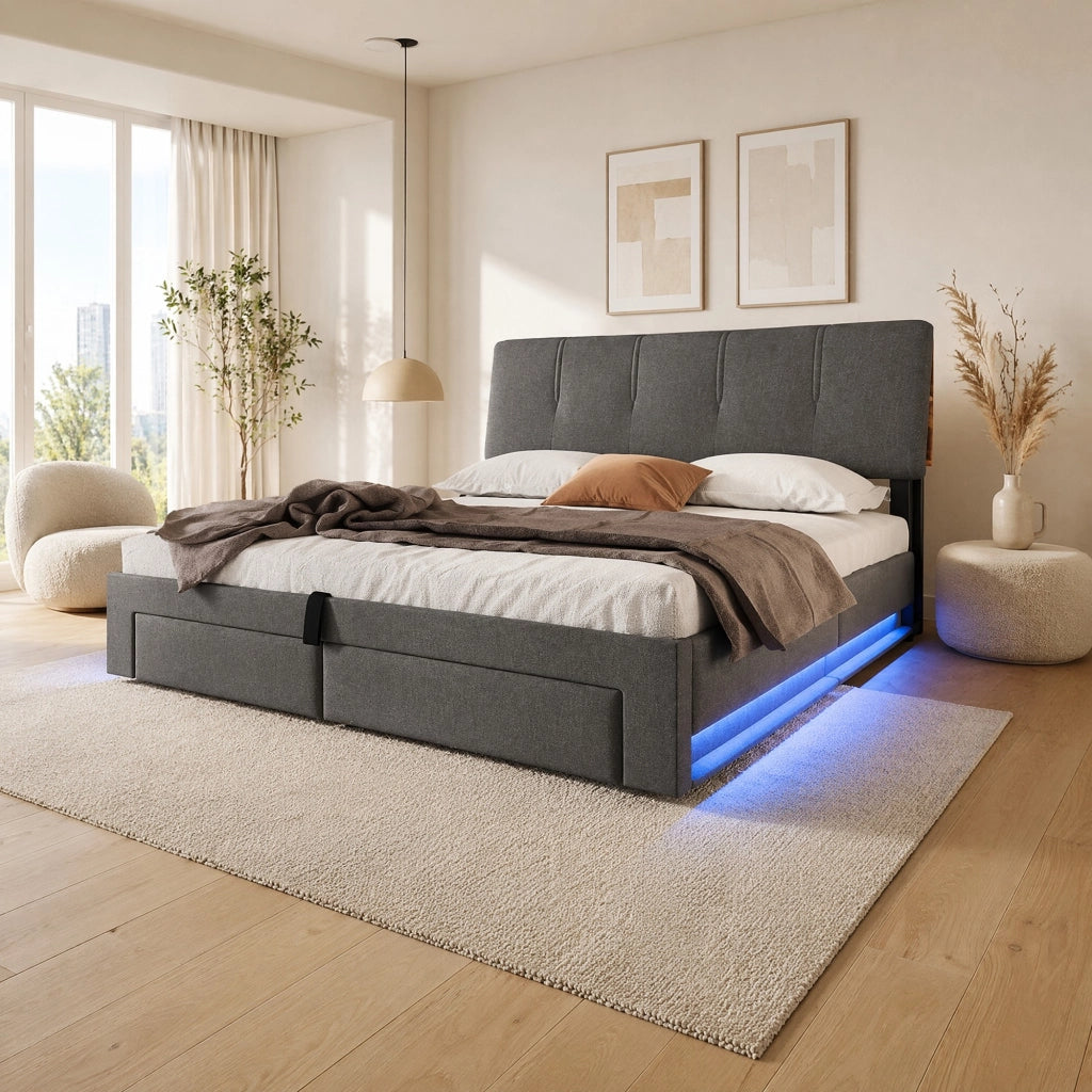 Letto imbottito 140x200 cm in lino grigio con contenitore idraulico; USB-C e LED