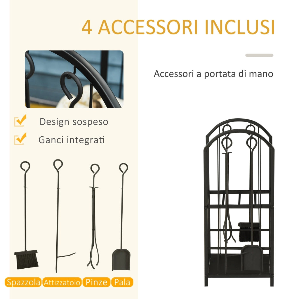 Portalegna per Camino Legnaia a 2 ripiani in Metallo 41,5x32,5x74,5 cm Max 60Kg con attrezzi Nero