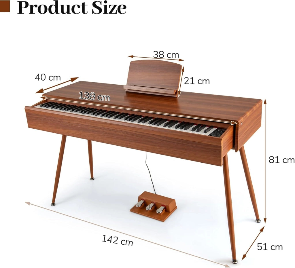 Piano Digitale 88 Tasti, Tastiera Piano Elettronica con 800 Suoni & 600 Ritmi, Tasti Pesanti, Piano Digitale con Supporto & 3 Pedali, Modalità Doppia Tastiera, Marrone