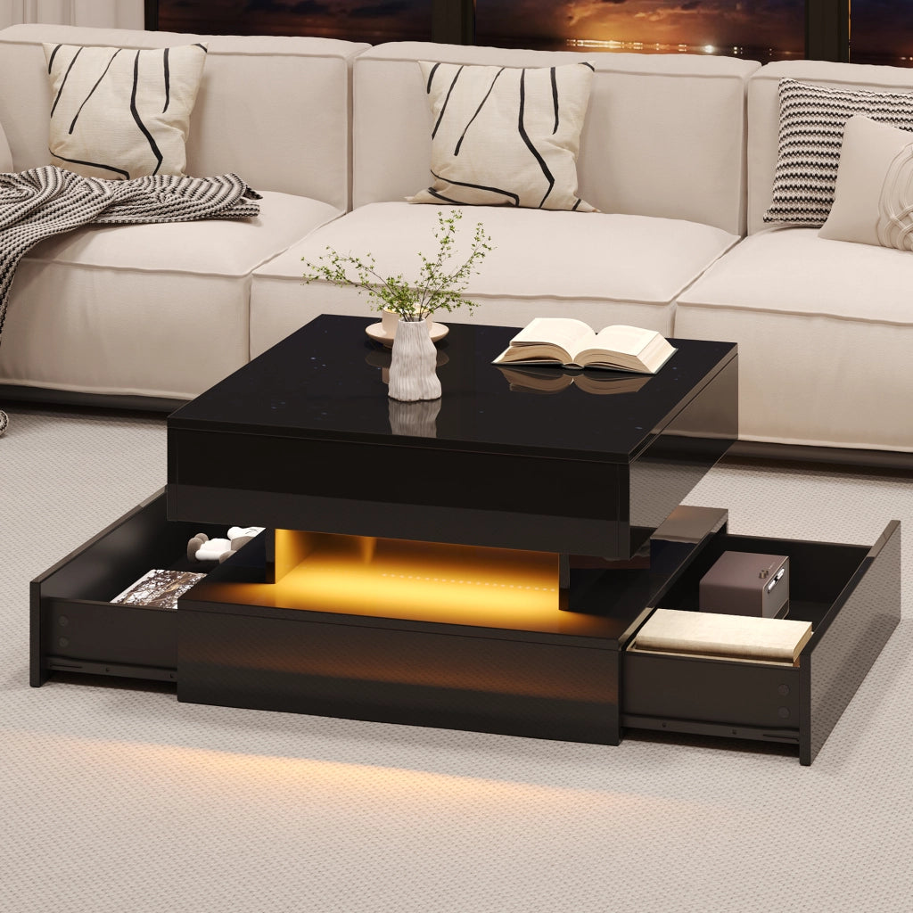 Tavolino Da Salotto Sollevabile con 2 Cassetti e Vano Nascosto LED per Soggiorno 65 × 65 × 38,5 cm