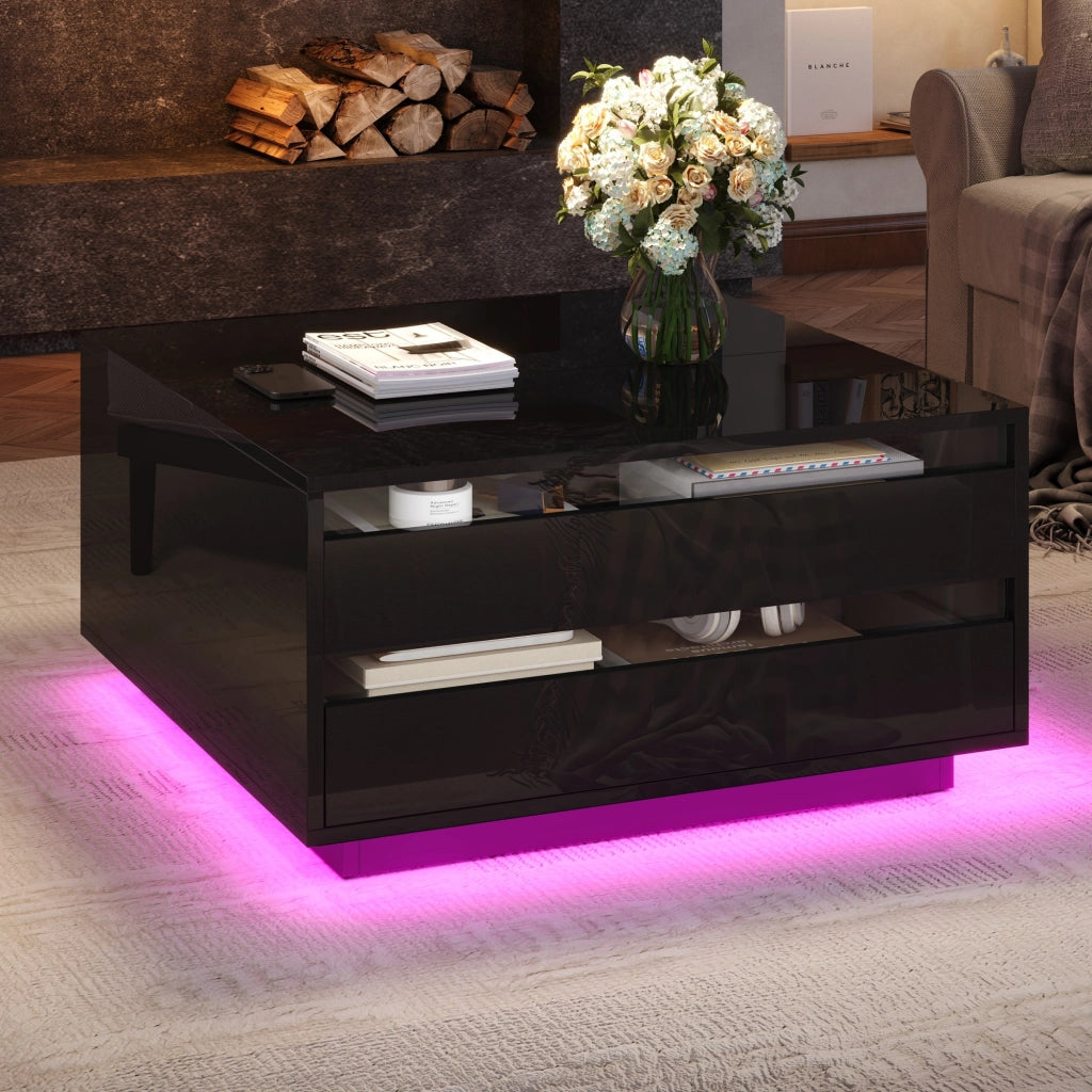 TAVOLINO DA CAFFÈ 70 x 70 x 38 cm Nero in pannello di legno con LED