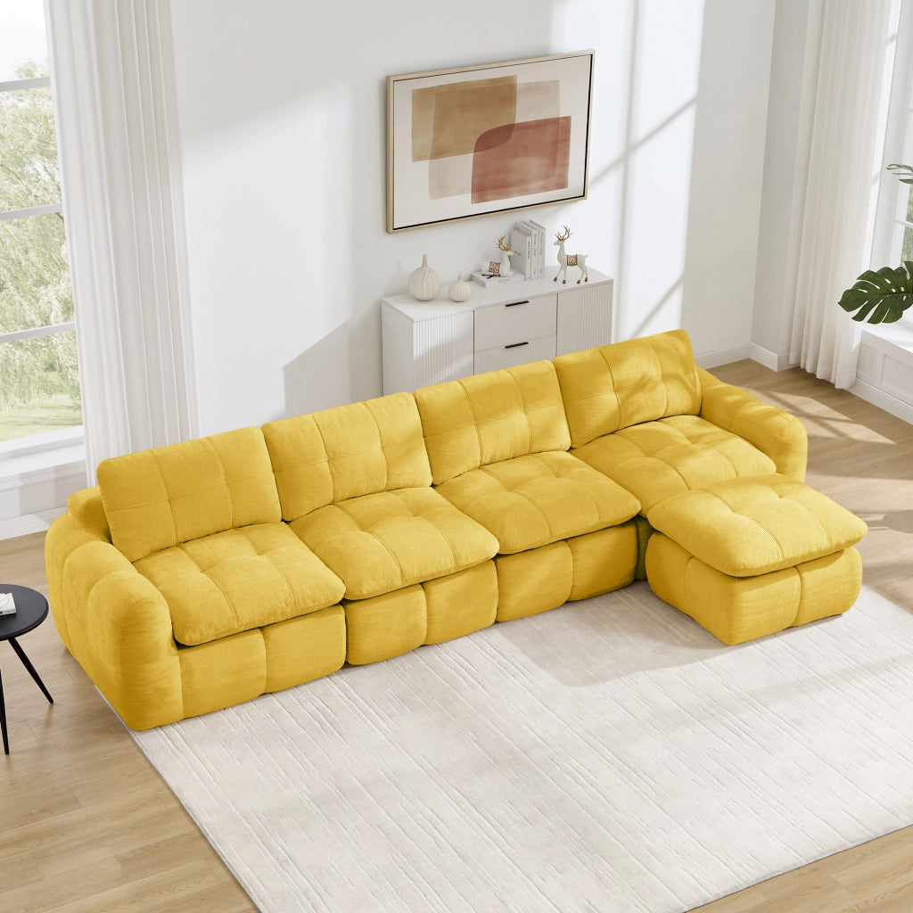 Divano angolare modulare 4 posti senza telaio con cuciture a griglia in ciniglia gialla 334 × 160 × 68 cm