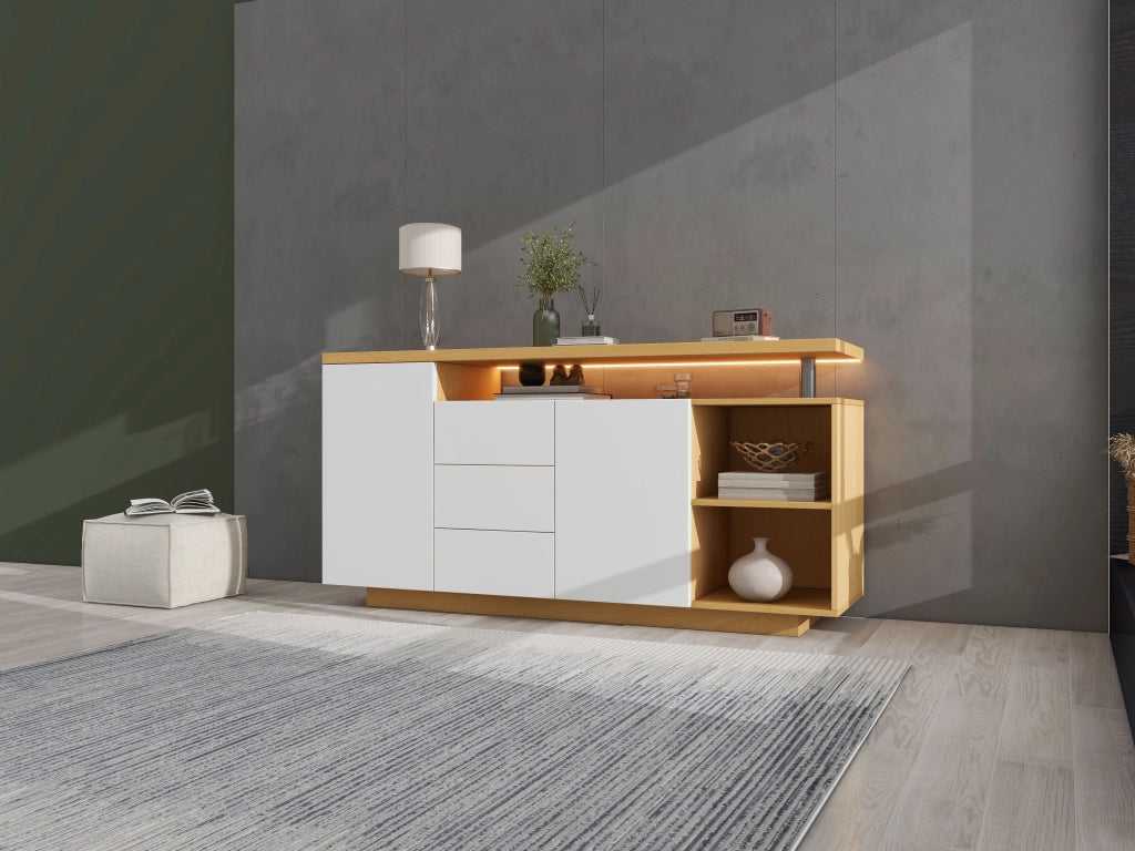 OKWISH Madia con 2 Ante, 3 Cassetti e 2 Vani Aperti, LED e Ripiani Regolabili, per Soggiorno, 140 x 40 x 70 cm